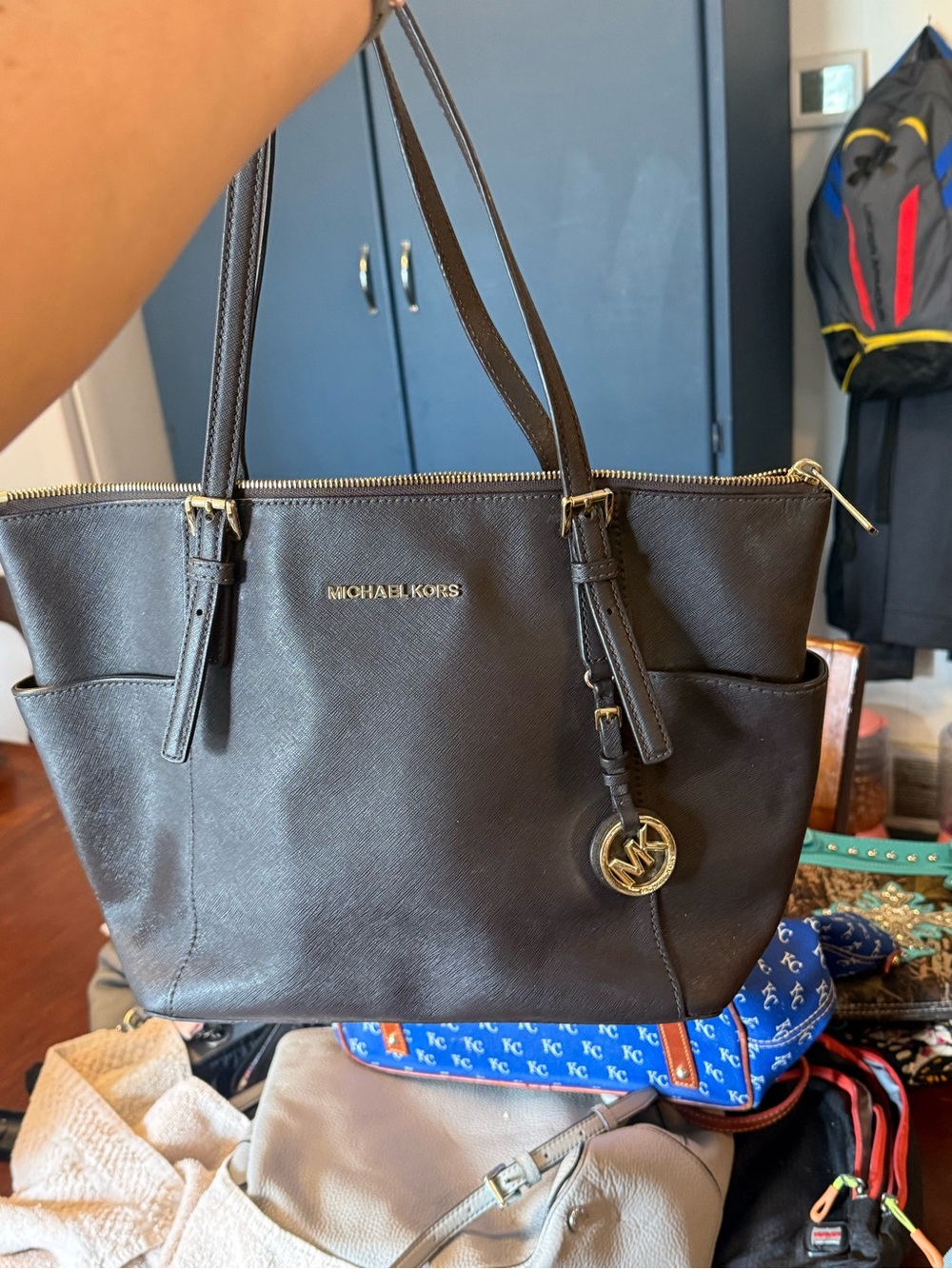 Michael Kors Black Saffiano Leather Tote with Gold MK Charm